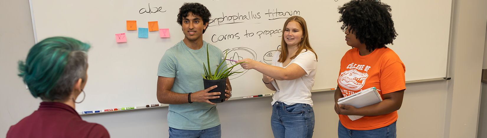 Three students give a presentation to a faculty member. One student holds a plant while another points at parts of the plant.