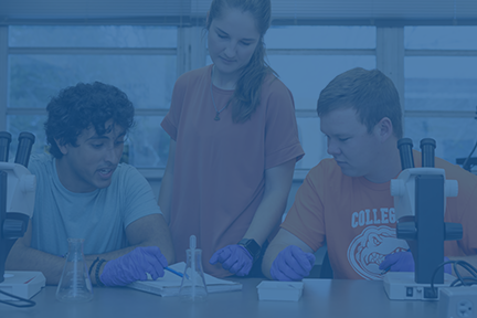 Three students collaborate in a lab.