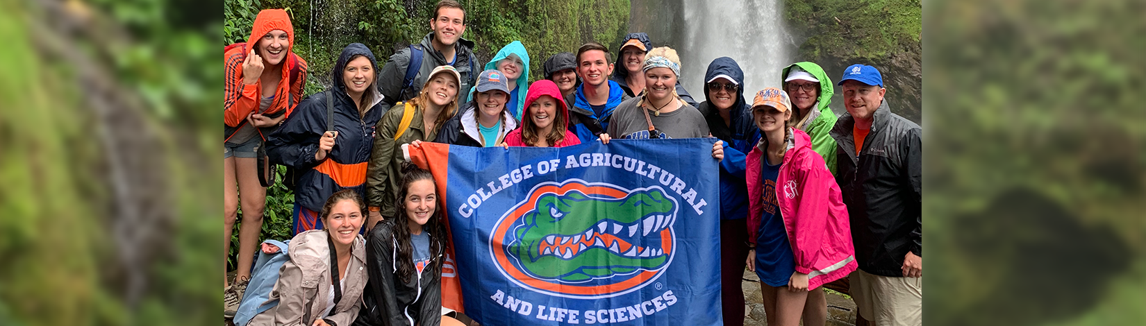 UF students and faculty member hold a UF College of Agricultural and Life Sciences with a gator head flag in front of a waterfall.