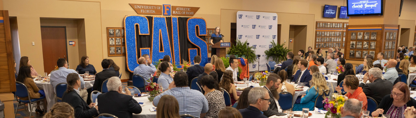 A wide shot of the 2023 CALS Student Awards Banquet venue and attendees.